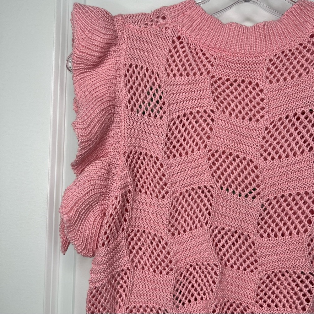 Pink Knit Sweater with Red Strawberry Design Sz Small Flutter Sleeve Soft Cozy - Picture 7 of 10